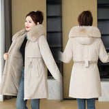 Pai To Overcome The Female Long 2024 New Korean Version Of Fashion Slim Cotton Clothes Winter Plus Velvet And Thick Down Cotton Padded Coat-Outfit