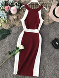 Casual Women Dress Knitted O Neck Sleeveless White Stripe Side Elegant Midi Dresses Bodycon Female