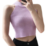 Women Ribbed Halter Tank Crop Tops Summer Spring 2023 Base T-shirt Harajuku Adults Sleeveless Solid Color Round Neck Knit Tops-Outfit