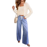 Women's New Large-Size High-Waisted Rope Loose-Legged Broad Leg Pants Slim Denim