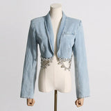 Toloer Chain Decoration Short Coat Fashion Hip Skirt Two-Piece Denim Suit Girl-Outfit
