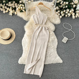 Purple Summer Women Solid 2 Piece One Shoulder Crop Top Tanks Slit Midi Skirt Set Bodycon Sexy Party Elegant