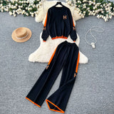 Letter Embroidered Knitted Shirt Long Sleeve Sweater High Waist Broad Leg Trousers Casual Sports Two-Piece Suit