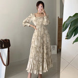 Chic Autumn Style Style Thin Square Collar Ink Print Waist Long Pleated Dress With Belt Woman-Outfit