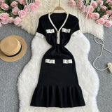 Toloer Fish Tail Dress Female Summer Dress 2024 New Knitted Black Temperament Waist Show Thin Design Sense