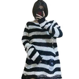 Toloer Hole Hollow Out In The Long Sweater Female Stripe Loose Color Dark Versatile Knit Niche Punk-Outfit