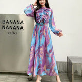 Retro Elegant Dress Women's Summer New Sweet Wooden Ear Splicing Long Sleeves Waist-Print