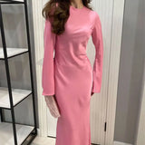 Toloer Women's New French Elegant Solid Color Round Collar Closed Waist Long Sleeve Temperament Winter