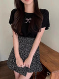 Round Neck Bow Print Short Sleeved Knitted Top-Outfit
