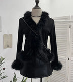 Real Shooting Babes V Collar Hair Spliced Knitted Cardigan Women Autumn And Winter Decoration Slim Coat Temperament Coat