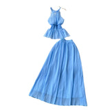 Style Suit Women's Summer French Waistless Sleeveless Hanging Neck Top High Waist Thin Half Skirt
