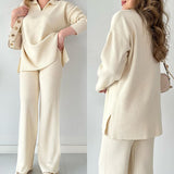 Autumn New Fashion Solid Color Loose Under The Pended Fork Knit Shirt Two Sets Of