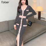 Women Vintage V-Neck Single-breasted Midi Knitted Dress Elegant Streetwear Plaid Bodycon Skinny Sweater Female