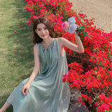 Neck Tie Dress Female Summer New Elegant Over The Knee Long Sleeveless Vest Sling Skirt Advanced Feeling-Outfit