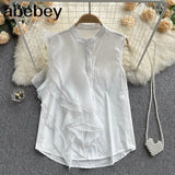 Women's Shirt French Vintage Ruffles Blouse Sexy Elegant Pleated O-neck Summer Female Sleeveless Slim Tops White