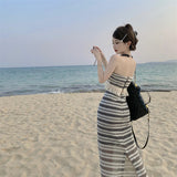 Toloer Summer New French Style Tassel Edge Black And White Striped Knit Strapless Vest Skirt Suit