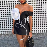 2025 Spring V Collar Bare Shoulder Three-Dimensional Flower Dress Sexy Babes Short