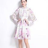 Famous Elegant Hollow Hook Flower Embroidery To Receive Waist Print Dress Women's Fashion