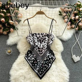 Treny Print Top Women's Sexy Backless Strap Camis Scarf Tie Crop Top Beach Holidays Sexy All-matching Summer