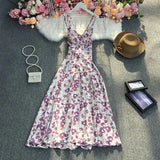 New Summer Fashion V-neck sleeveless off shoulder Dress high waist pleated waist print mid-length A-line