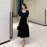 Toloer Dress Female Summer French 2024 New Temperament Closed Waist Show Thin Design Feeling Square Collar Hepburn Wind Dress-Outfit