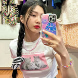 Korean Fashion Cute Crop Tops Kawaii Cat Print Short Sleeve T-shirts Kpop Women Japanese Style Sim Tee Shirts