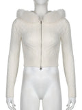 Sweet Furry Trim Hooded Knitted Cropped Cardigans Slim Zipper Long Sleeve Sweaters Women 2023 Autumn Winter Fashion Lady-Outfit