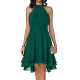 New Fashion Pure Color Temperament Women's Sexy Out-Shoulder Sleeveless Round Collar Micro-Folding Waist Repair