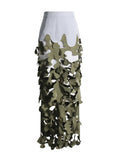 Toloer New Personality Trend Army Green Irregular Hollow Out Splicing Camouflage Design Sense Women's Long Skirt-Outfit