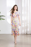 Banquet Famous Wind V-Neck Short-Sleeved Body-Brace Three-Dimensional Flower Lace Dress 2025