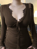Lace Splicing Deep V-Neck Long-Sleeved T-Shirt Girl 2025 New