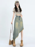Toloer High Waist A-Line Denim Skirt Skirt Female Spring And Autumn Irregular Design Sense Long Skirt Small Tassel