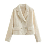 Women Fashion Double Breasted Cropped Tweed Blazer Coat Vintage Long Sleeve Flap Pockets Female Outerwear Chic