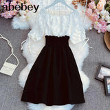 New Summer Sweet fake two piece Slash neck Dress three dimensional flower stitching waist closing slim