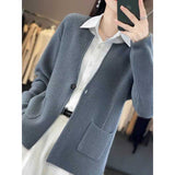 Autumn And Winter New Cashmere Cardigan Female V Collar Loose Solid Color Thick Jacket Lazy Wind Wool Knit Sweater Coat-Outfit