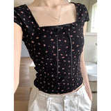 Lace Trim Square Collar Bow Short Sleeve Tee-Outfit