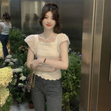 Small Fresh Short-Sleeved Knitted Gentle T-Shirt Design A Sense Of Niche Temperament French Collar Top Short