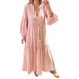 Toloer Spot 2024 Autumn New Women's Fashion V-Neck Bubble Sleeve Bohemian Cotton Linen Dress-Outfit