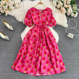 Summer Korean Version Of Gentle Temperament V-Collar Bubble Sleeves Waist A Large Pendulum Broken Flower Dress Elegant Dress-Outfit