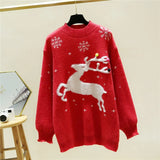 Women's Reindeer Christmas Snowflake Fawn Knitting Thicker Warm Loose Outer Wear O-Neck Pullovers Graphic