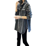 Station 2024 Spring And Autumn New Versatile Blue Fashion Loose Korean Version Temperament Versatile Standing Collar Cowboy Shirt Female-Outfit