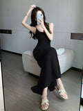 Stitched Pink Knitted Dress A New Summer Style For Women With Waist Halter And Perspective Fishtail Dress-Outfit