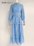 Casual Dress For Women Stand Collar Long Sleeve High Waist Ruffle Trim Solid Midi Dresses Female Spring Clothes