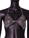 Toloer Women's Nightclub Low Breast Cut Back Flash Diamond Chain Slit Top