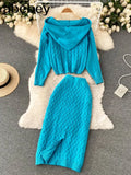Thick Knitted Set Women Long Sleeve Short Hooded Sweater+Sexy Bodycon Skirts New Autumn Winter Two Piece