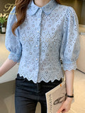 Han Queen Summer Blusas Basic Office Lady Blusas Vintage Lace Tops Elegant Chiffon Blouse Women Loose Hollow Out Casual Shirts-Outfit