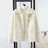Winter Elegant Plaid Mink Fleece Coat Women Korean Lapel Pearl Button Sweater Cardigan Casual Cashmere Knitted Jacket