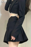 Temperament Skirt Outfits Chic Korean 2 Piece Set Women's Clothing Tunic Long Sleeve Diamond Crop Coat Bodycon Mini Skirts