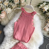 Women Soild Button Hollow Out Thin Knitted Tank Tops Female Girls Double Breasted Knit Sleeveless Sweater