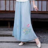 And Artistic Retro Spring Double Chiffon Embroidered Wide-Leg Trousers With High Waist And Thin Yoga Meditation Buddha Dress Skirt Trousers In Tang Dynasty-Outfit